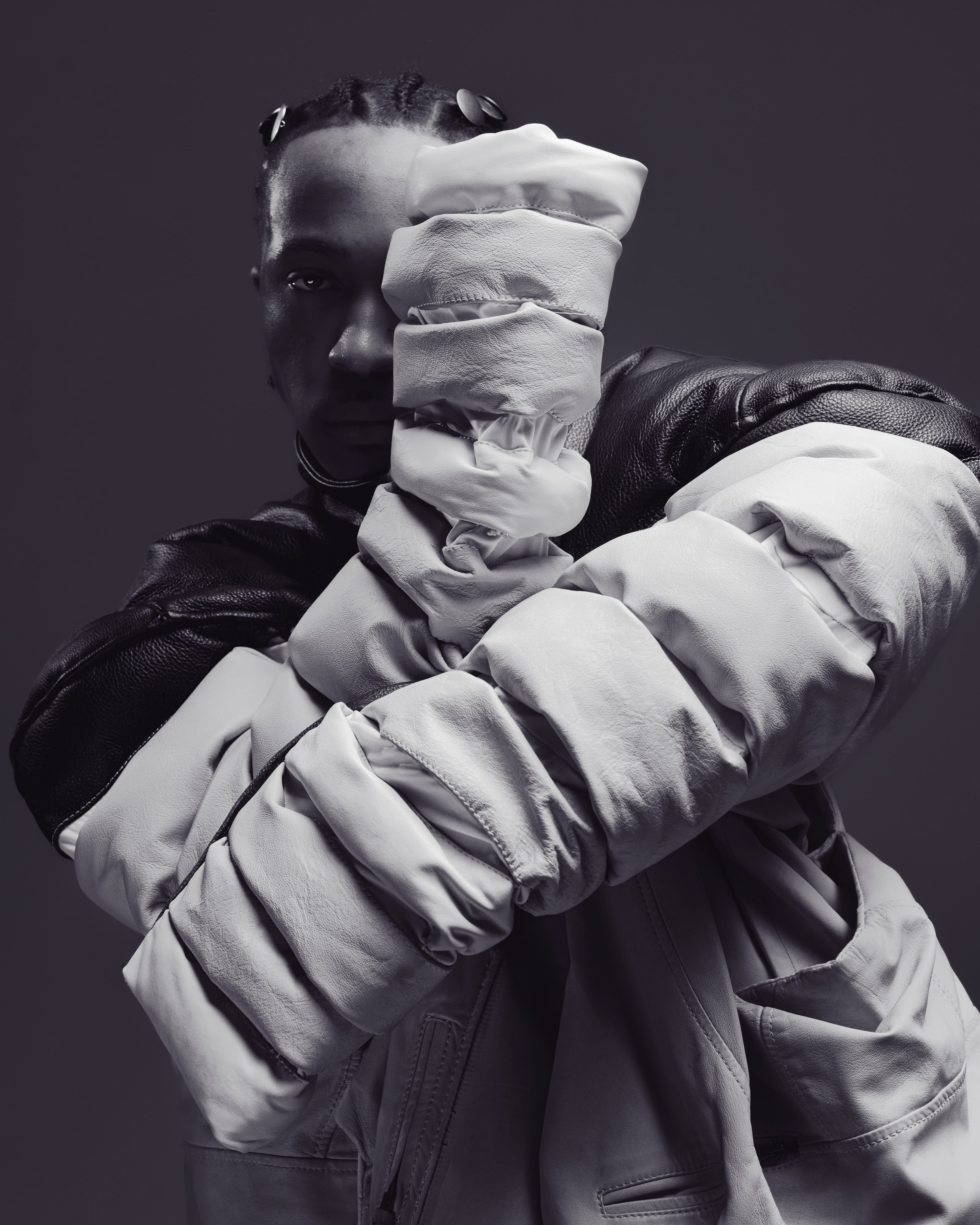 Sculptural puffer close portrait